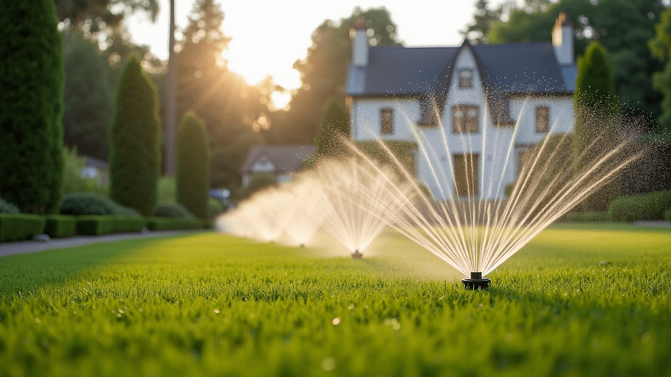 Jardim residencial de alto padrão com irrigação automatizada em funcionamento durante manhã de inverno